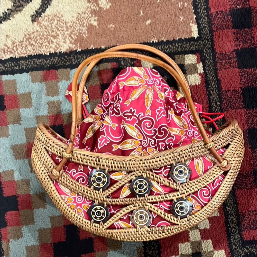 Vintage handwoven Peggy Fisher rattan Viking with coconut handbag